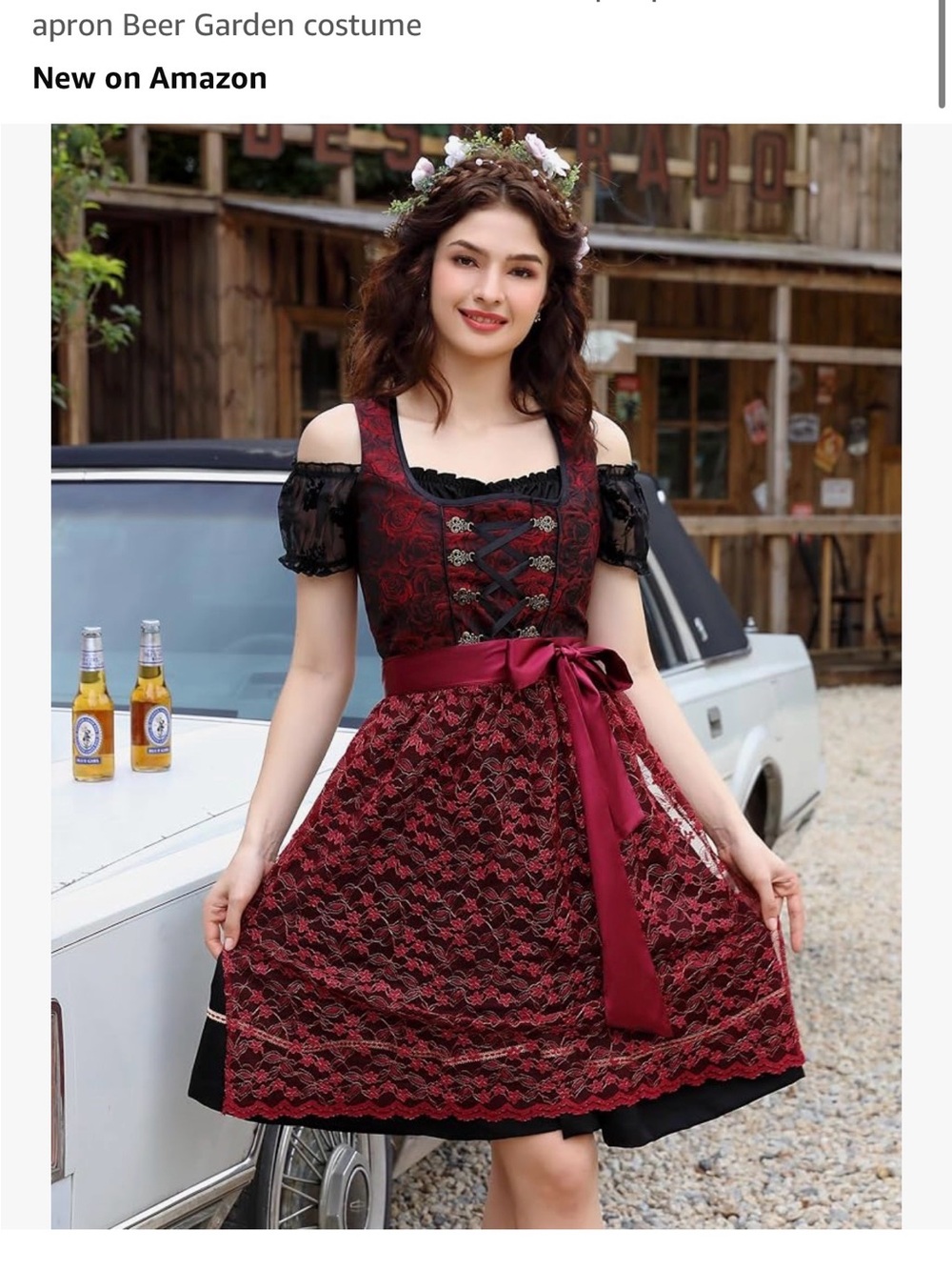 Burgundy Lace Dirndl Dress with Satin Waist Bow